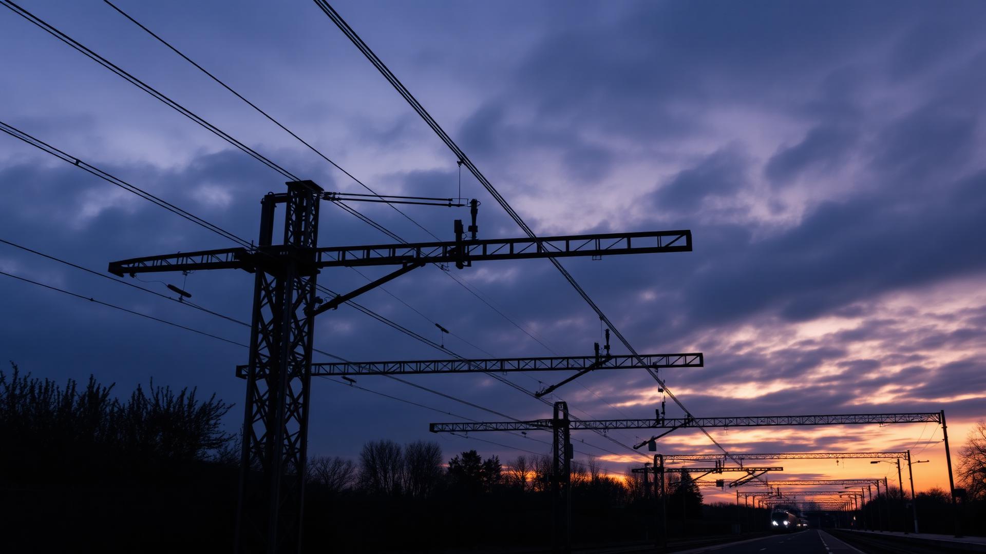 Overhead line equipment at dusk on a UK railway